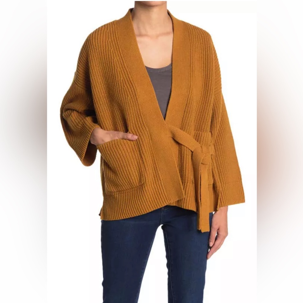 New Madewell Medium Madison Rib Side Tie Cardigan Mustard Golden Harvest Pockets